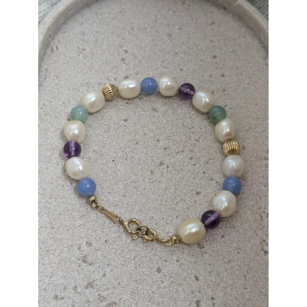 Vintage Avon Beaded Bracelet Faux Pearls Gold Tone Balls Blue Green Purple